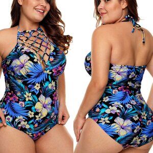 Tahiti Women's Blue/Multi One-Piece Lattice Front Halter Floral Swimsuit M(8-10)